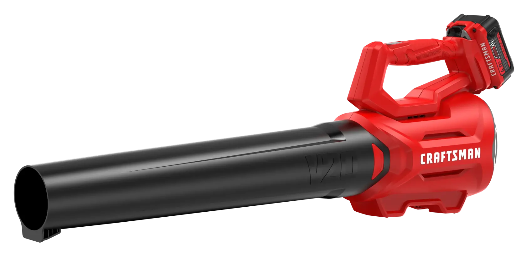 Photo of Craftsman CMCBL700M1 cordless leaf blower, red and black, side angle on white background.