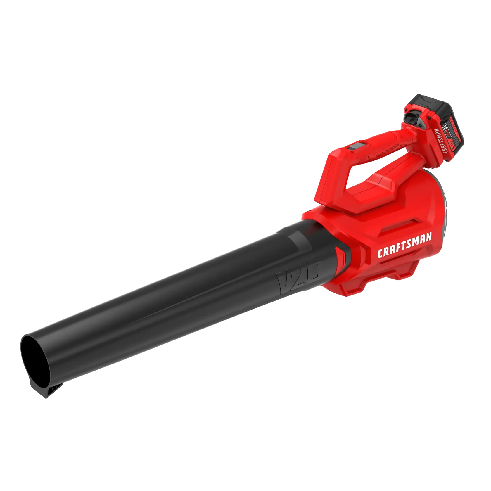 Photo of Craftsman cordless leaf blower CMCK500P1, red and black, angled on white background.