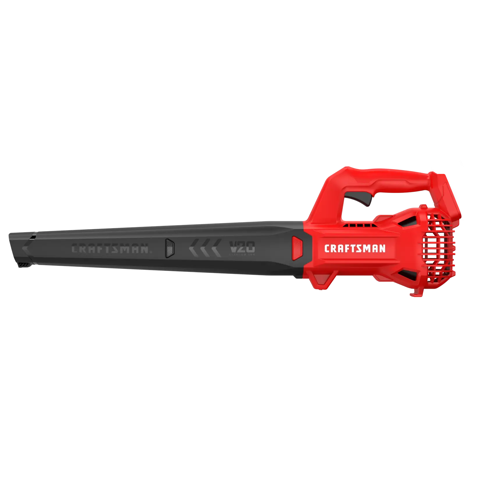 CRAFTSMAN V20 cordless leaf blower, red and black, left side angle, SKU CMCBL710B.
