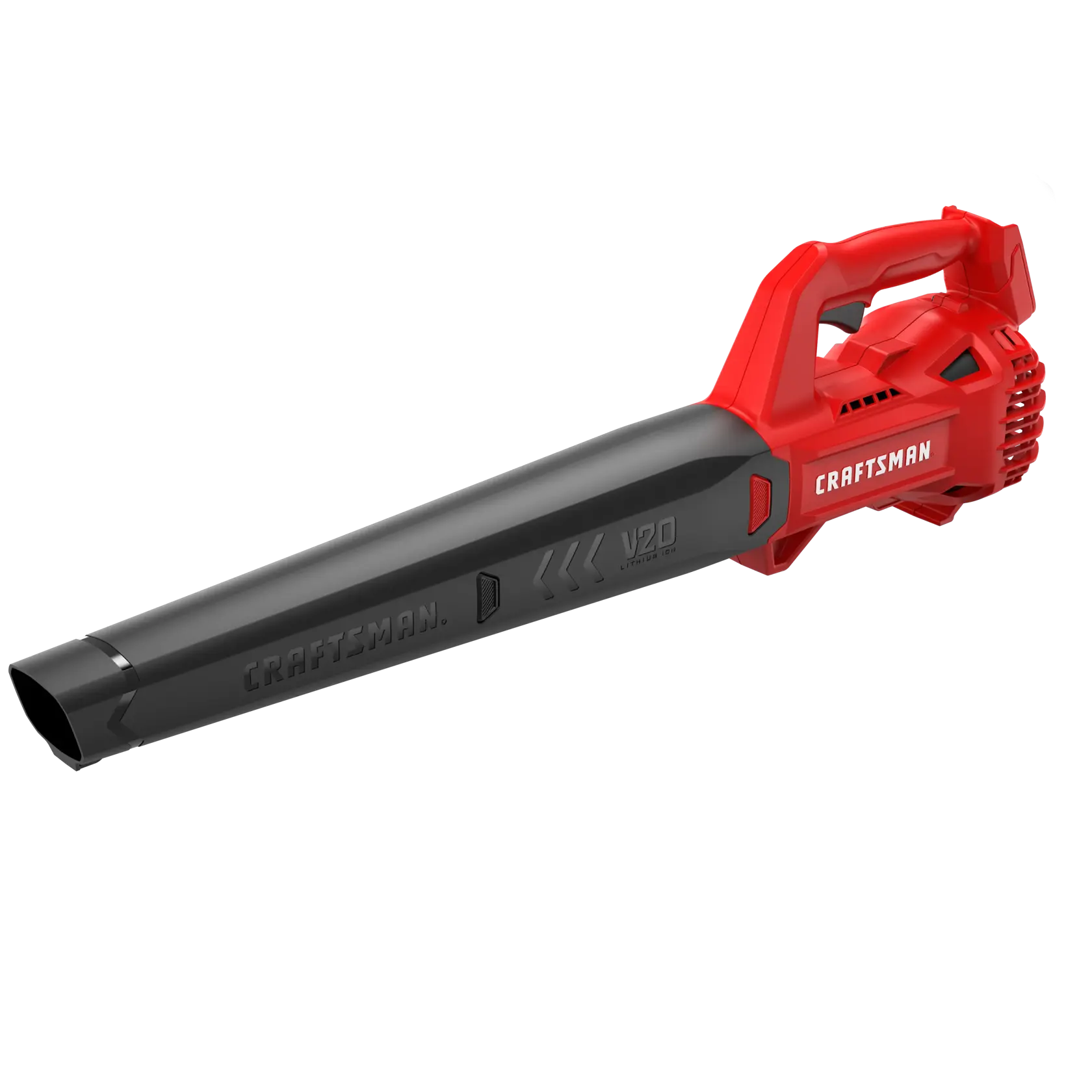Photo of CRAFTSMAN cordless leaf blower, red and black, SKU CMCBL710B, side angle on white background.
