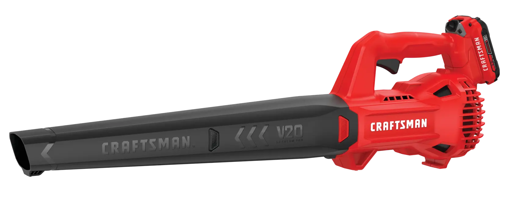 Photo of Craftsman cordless leaf blower, SKU CMCBL710D1, red and black, side view on white background.