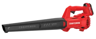 Photo of Craftsman cordless leaf blower, SKU CMCBL710D1, red and black, side view on white background.