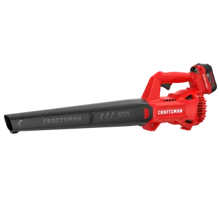 A red and black cordless leaf blower with a handle and battery pack, labeled with the brand 'Craftsman' and 'V20' on the blower tube.