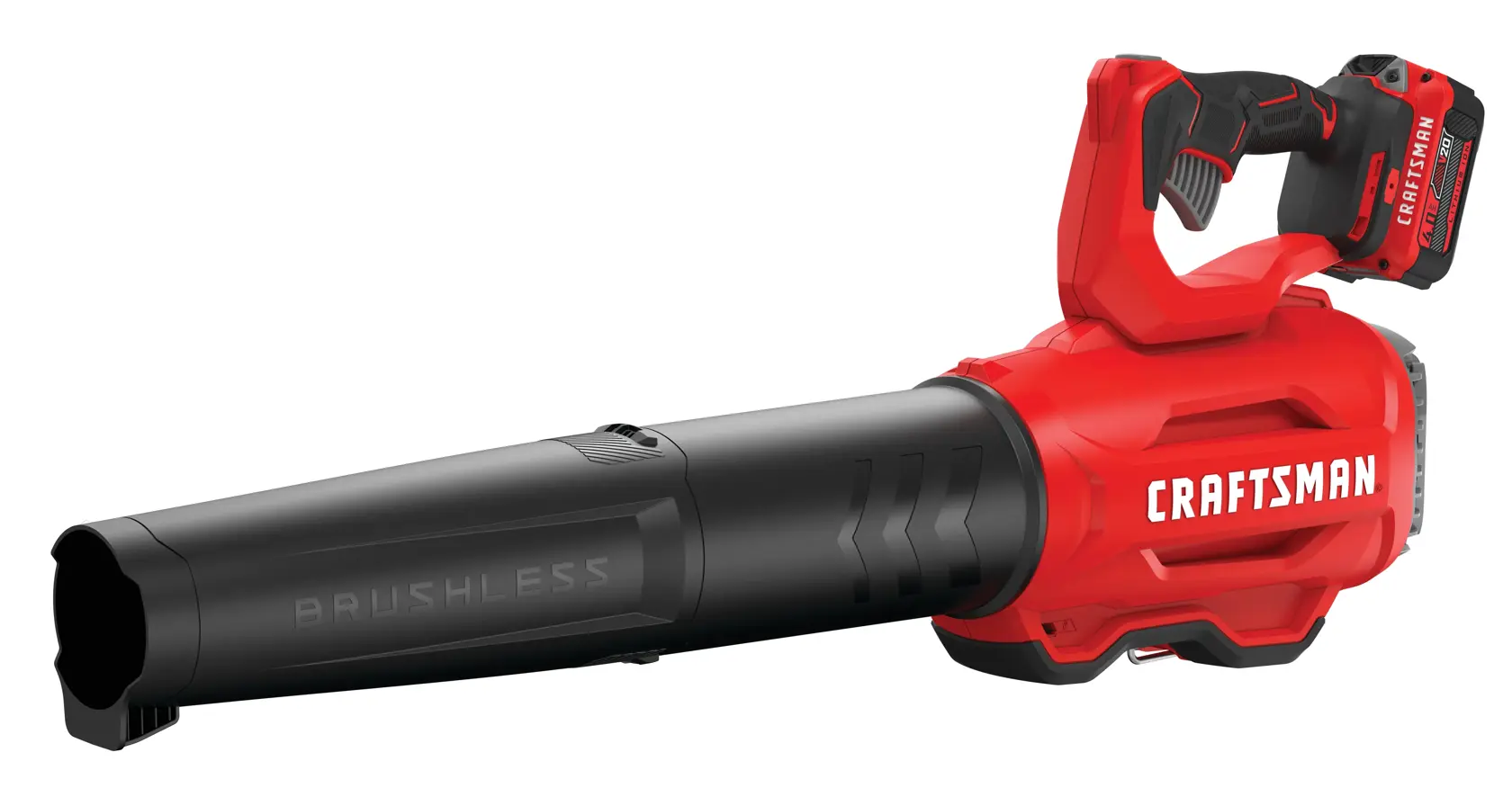 Photo of Craftsman cordless leaf blower, SKU CMCBL720M1, red and black, side angle, with visible battery pack.