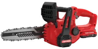 Photo of CRAFTSMAN chainsaw, SKU CMCCS610D1, red and black, front angle on white background, cordless design.