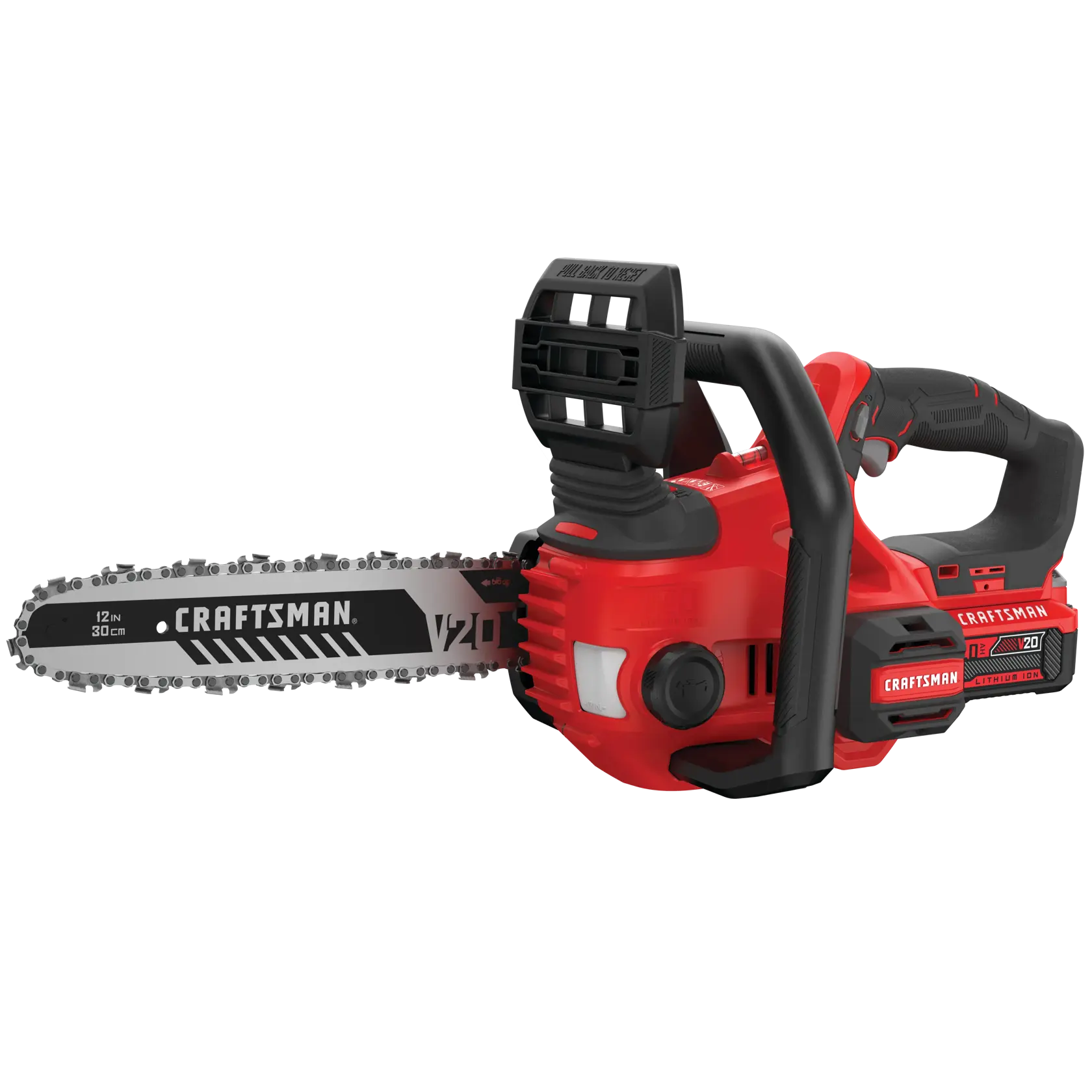 Photo of Craftsman cordless chainsaw CMCCS620M1, red and black, 12-inch blade, angled on white background.