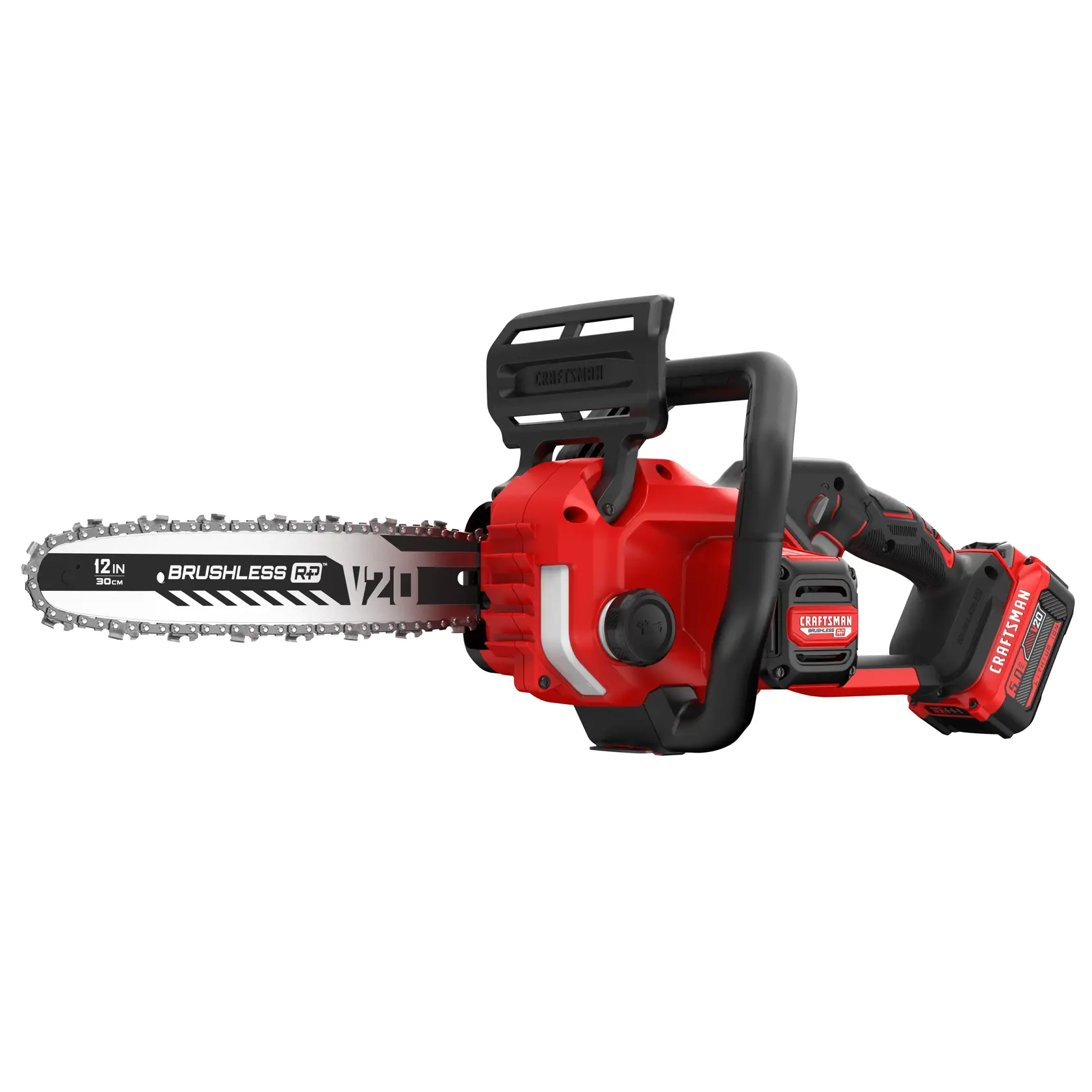 A red and black cordless electric chainsaw with a 12-inch blade, featuring a brushless motor and ergonomic handle, designed for cutting wood.
