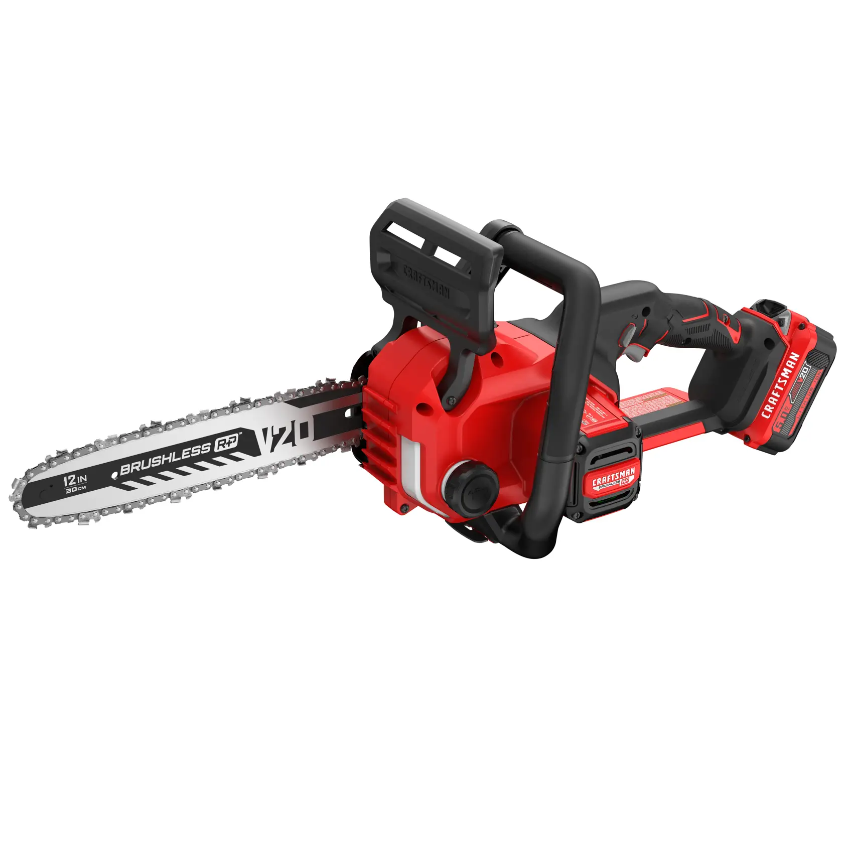 CRAFTSMAN Brushless Cordless Chainsaw kitted with 5Ah Battery front angled view