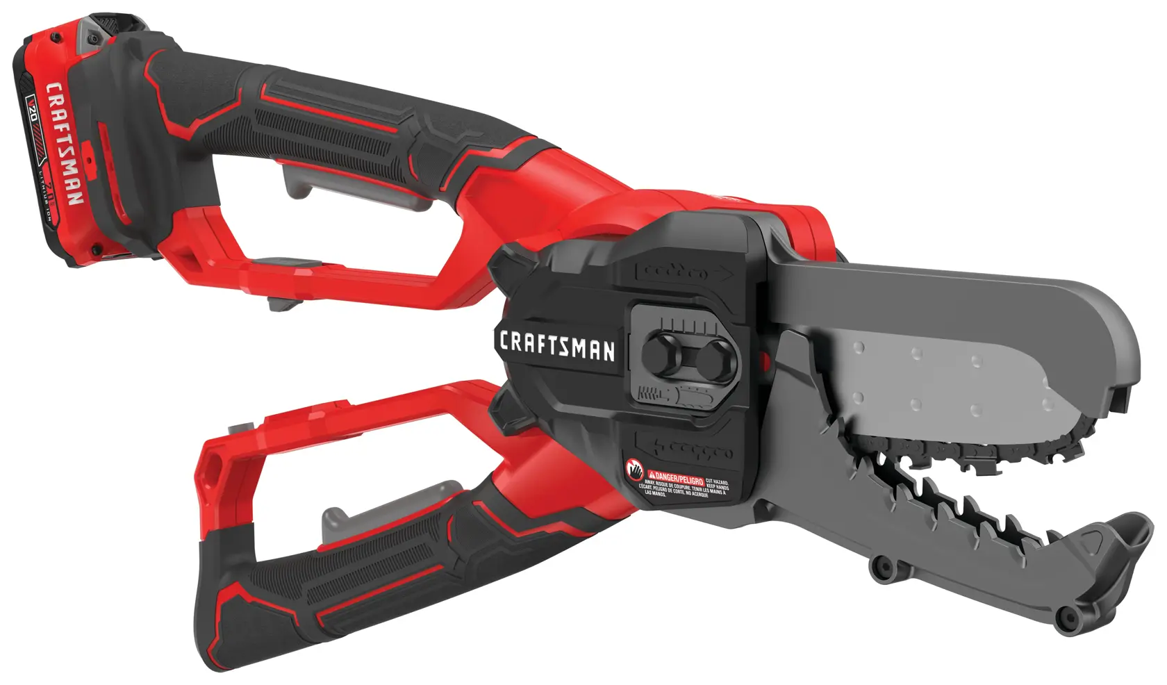 Photo of CRAFTSMAN CMCCSL621D1 cordless jaw-style chainsaw, red and black, side view on white background.