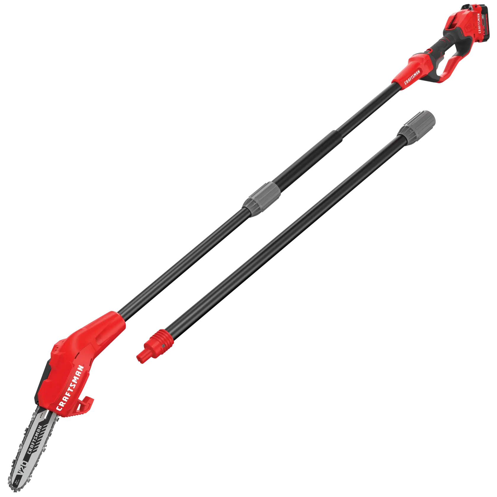 Photo of CRAFTSMAN CMCCSP20M1 cordless pole saw, red and black, side angle on white background.