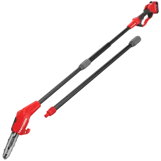 Photo of CRAFTSMAN CMCCSP20M1 cordless pole saw, red and black, side angle on white background.