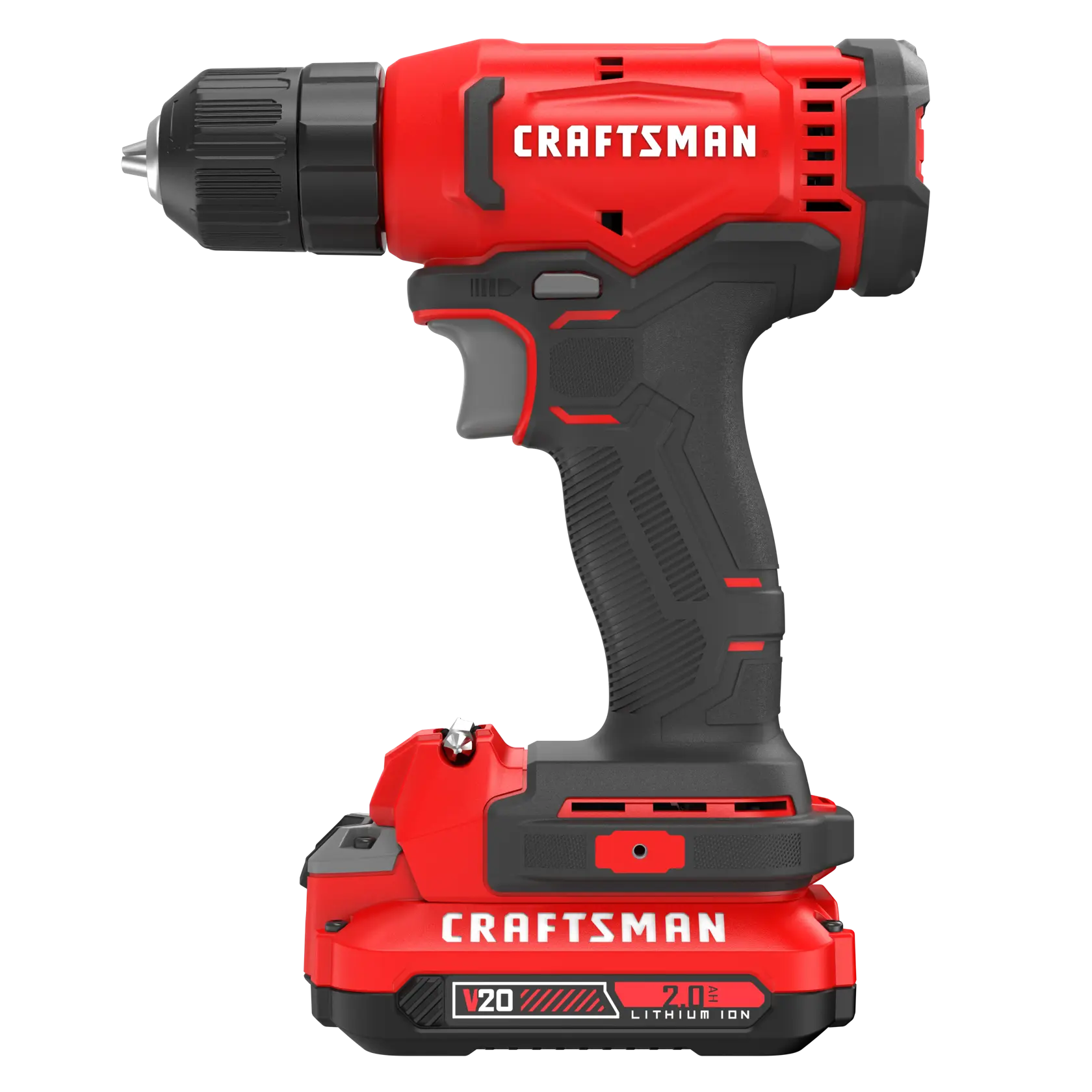 Red and black Craftsman cordless power drill with V20 lithium ion battery.