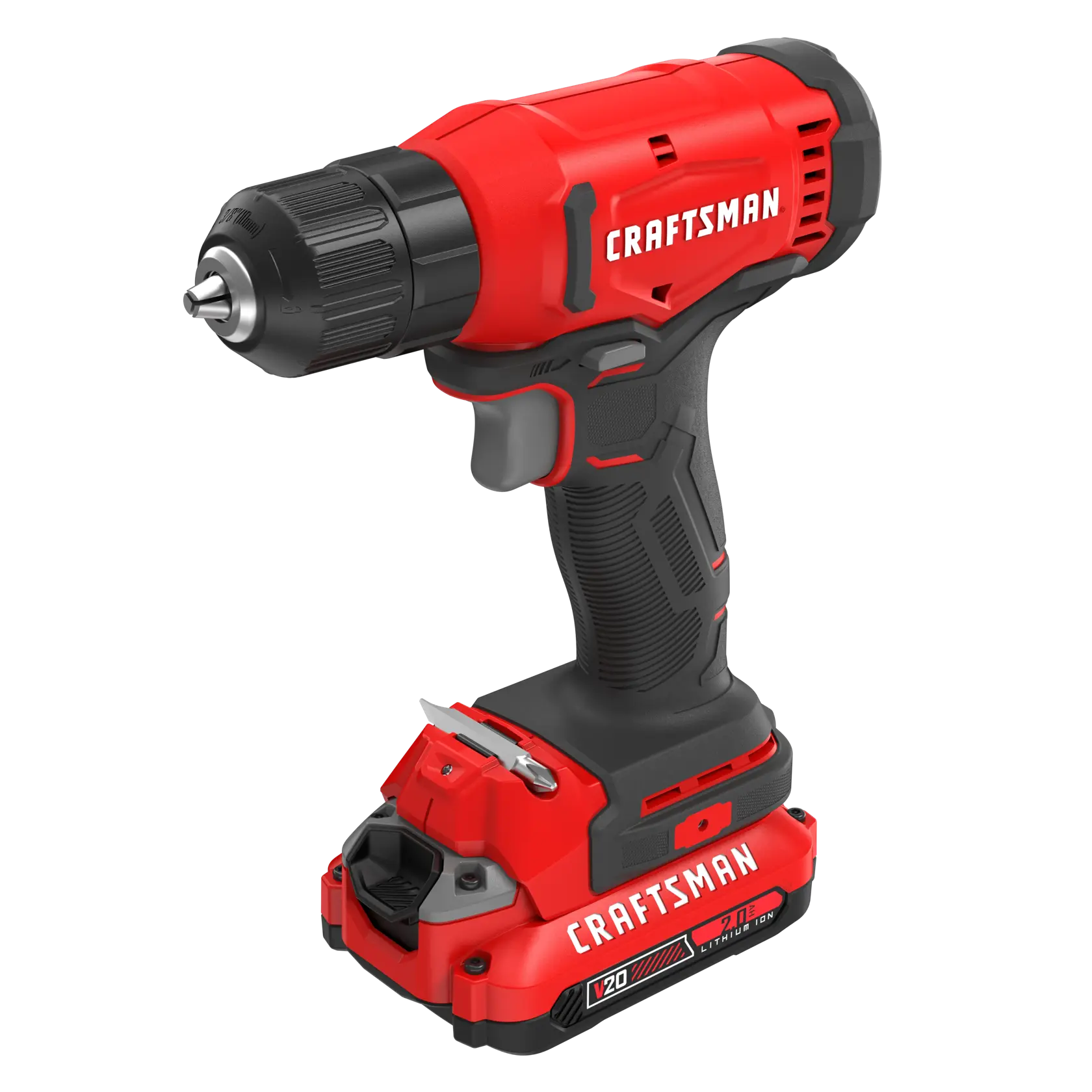 Cordless red CRAFTSMAN power drill with black handle and V20 lithium-ion battery pack.