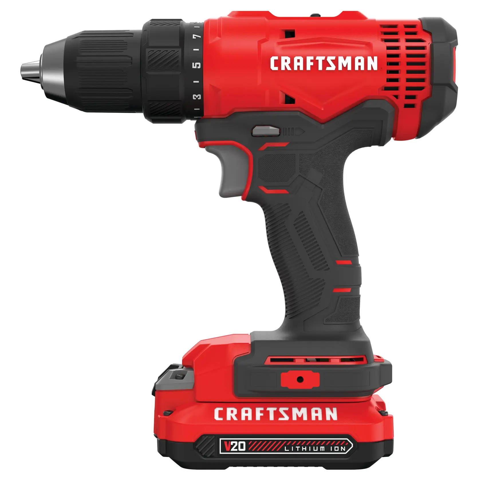 Right profile of half inch cordless drill and driver kit 2 batteries.
