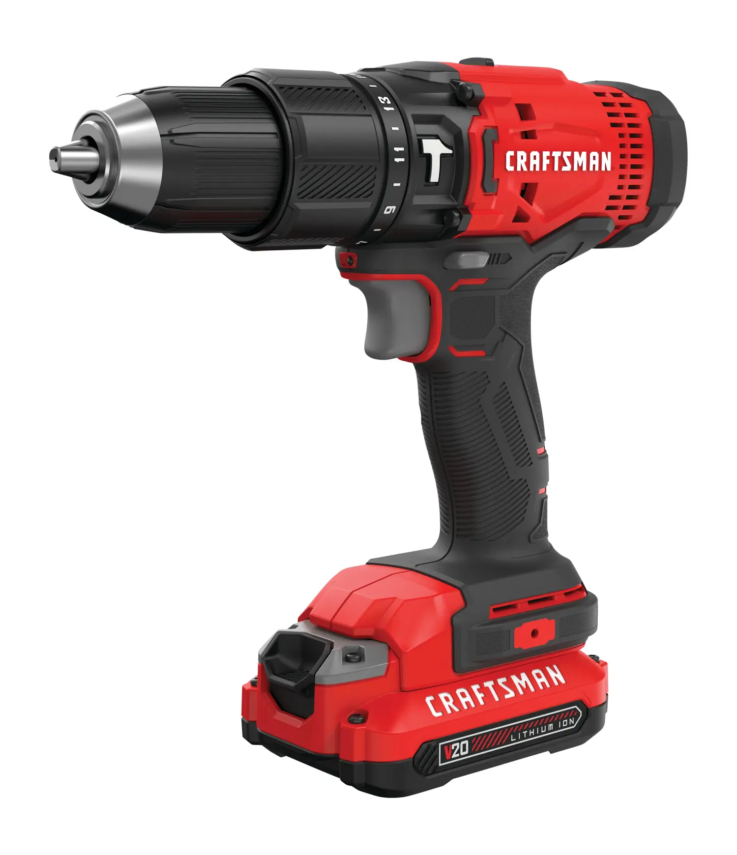 Photo of Craftsman cordless drill CMCD711C2 with red and black design, side angle on white background.