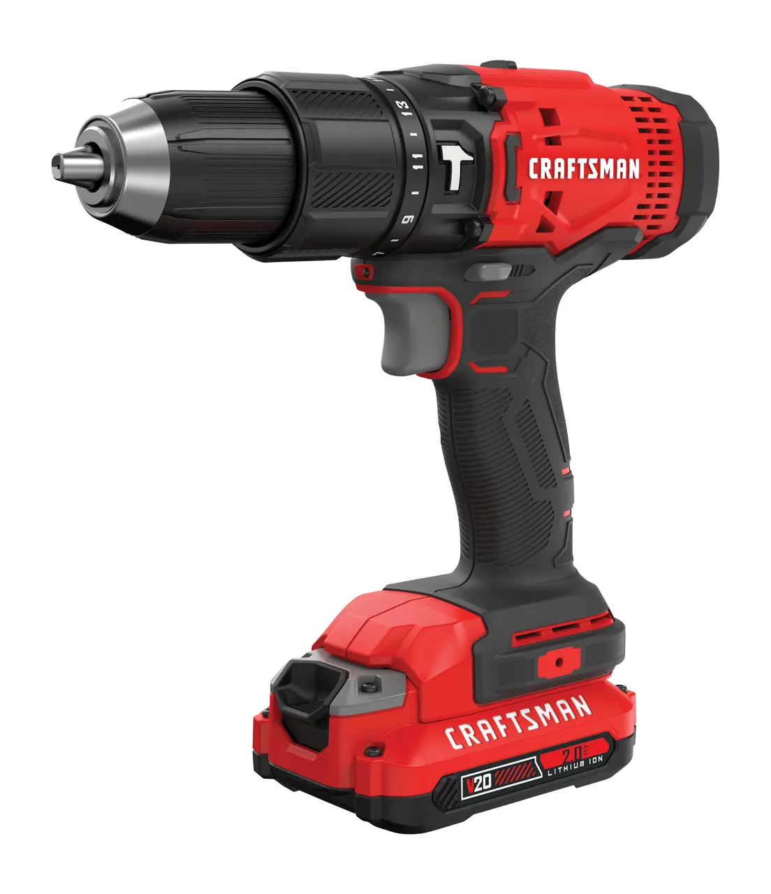A red and black Craftsman cordless power drill with a visible lithium ion battery pack at the base. The drill has a textured grip handle and adjustment settings near the chuck.