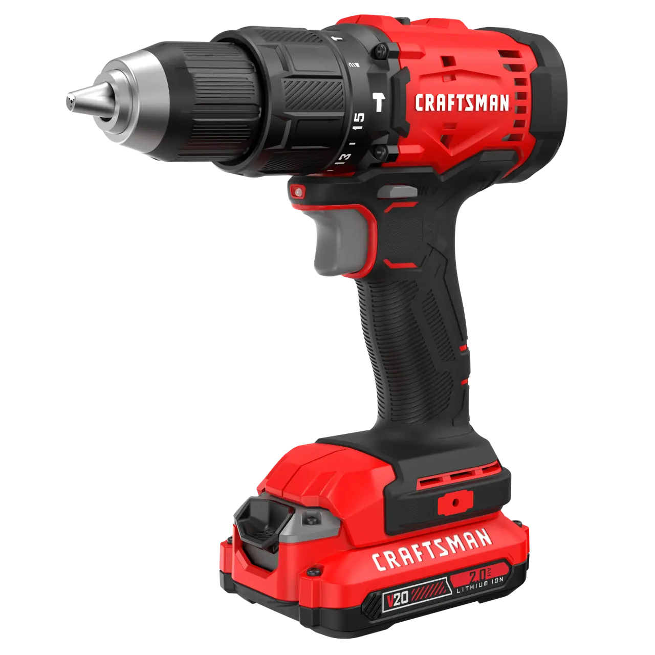 A red and black cordless power drill with 'CRAFTSMAN' branding, featuring a lithium-ion battery pack and ergonomic handle.