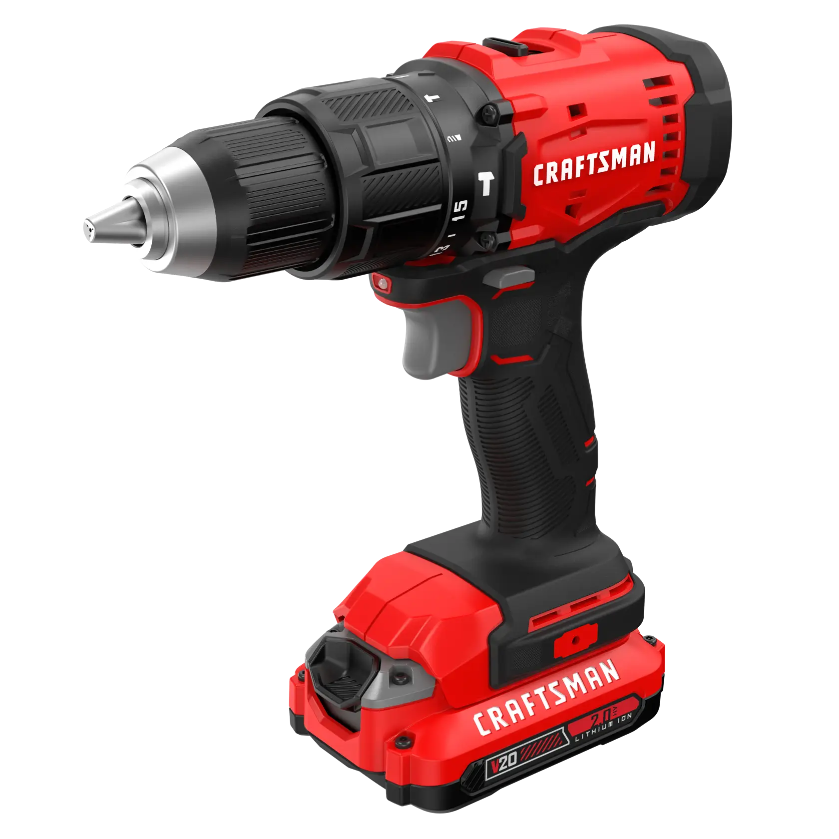 CRAFTSMAN® V20* Brushed Hammer Drill Kit with 2.0Ah Battery Left Front Angle Overhead