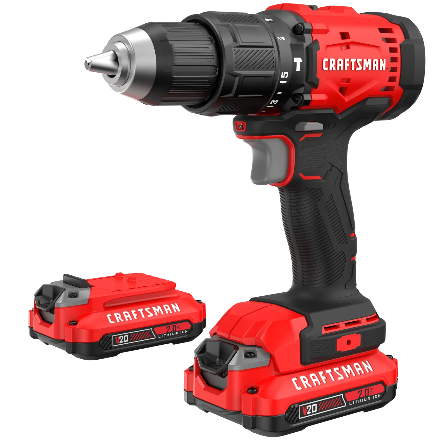 A red and black Craftsman cordless power drill with a textured grip, shown with two detachable V20 lithium ion batteries.