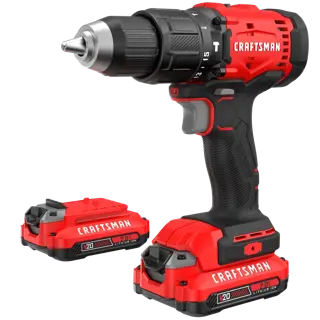 A red and black Craftsman cordless power drill with a lithium-ion battery attached, shown alongside an additional battery pack. The drill features a textured grip handle and adjustable settings on the front.