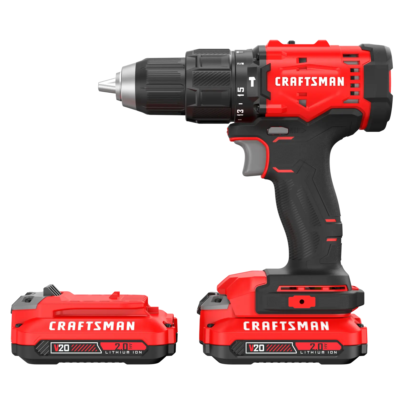 A red and black cordless power drill labeled 'Craftsman' with a lithium-ion battery attached at the base. Another similar battery is placed beside the drill. Both batteries are marked 'V20' and '2.0 Ah Lithium Ion.'