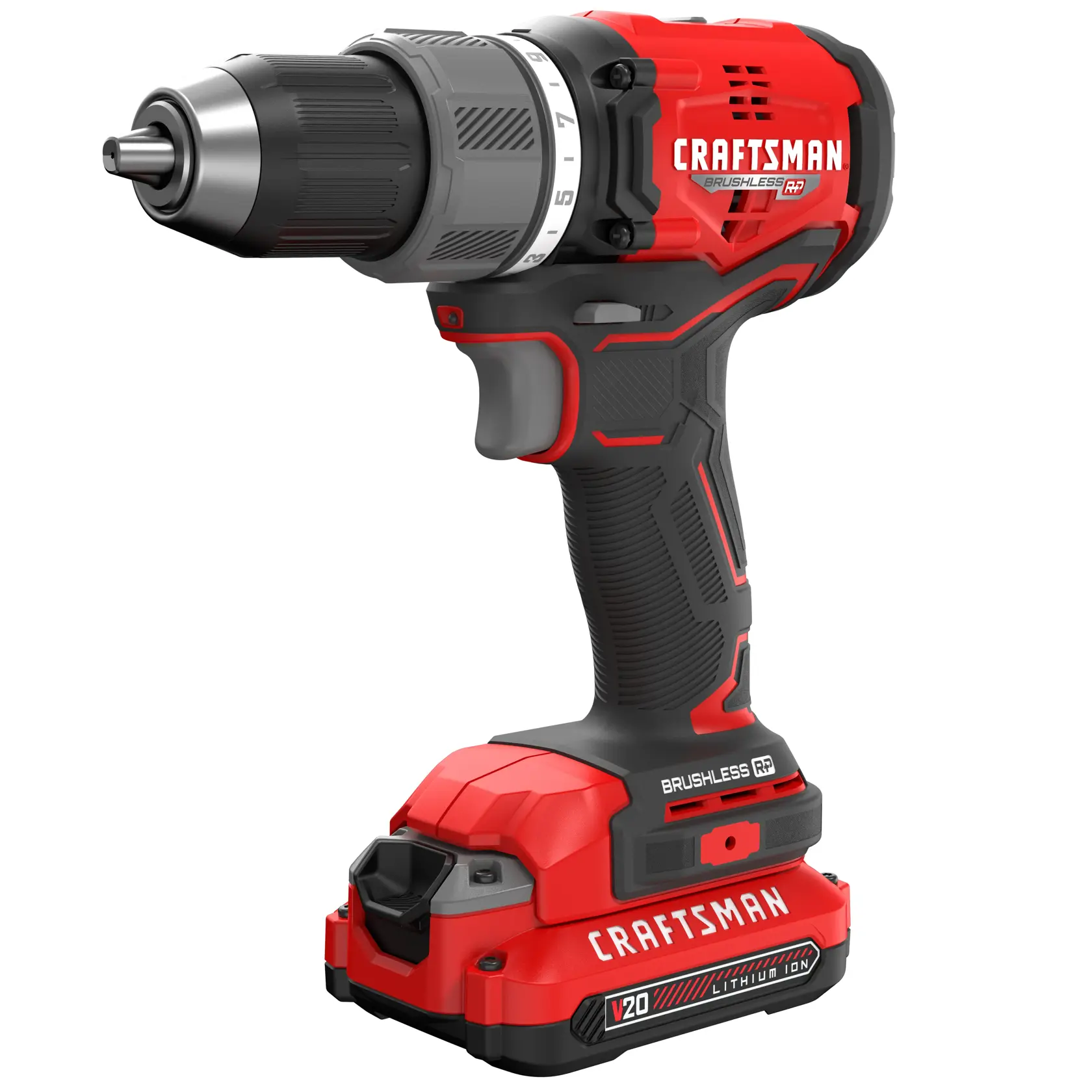 Photo of Craftsman cordless drill, red and black, SKU CMCD713C2, side angle on white background.