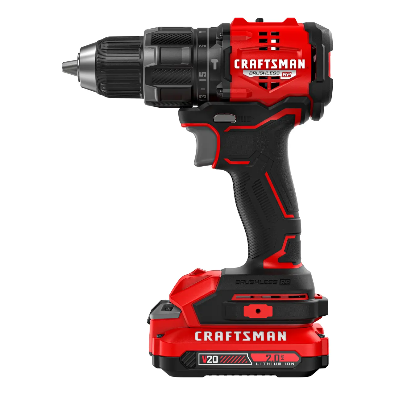 A red and black Craftsman cordless power drill with a brushless motor, labeled RP, featuring a V20 lithium-ion rechargeable battery.
