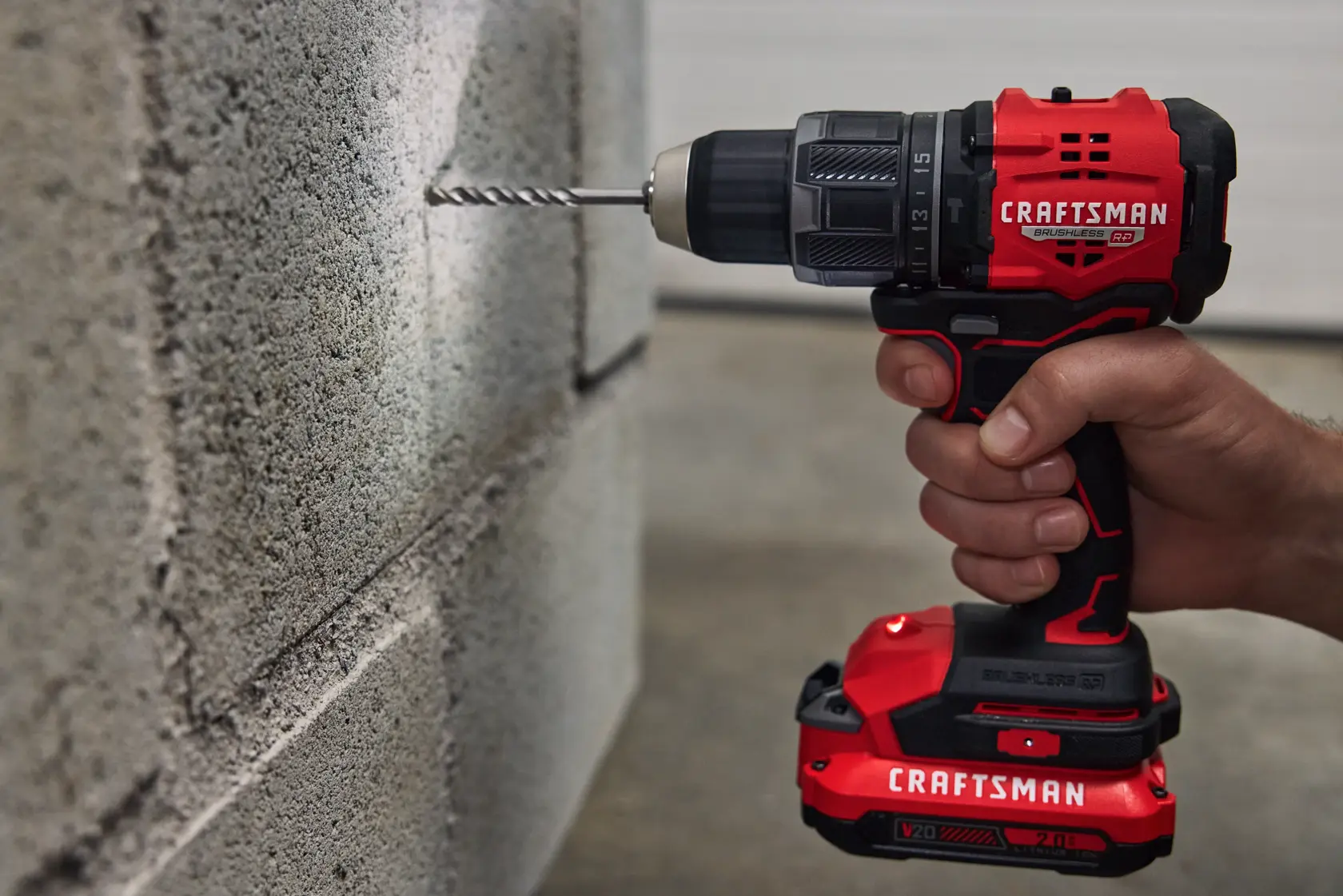 Close up LED light feature on the CRAFTSMAN® V20* BRUSHLESS RP™ Compact Hammer Drill/Driver. Battery and Charger Sold Separately 