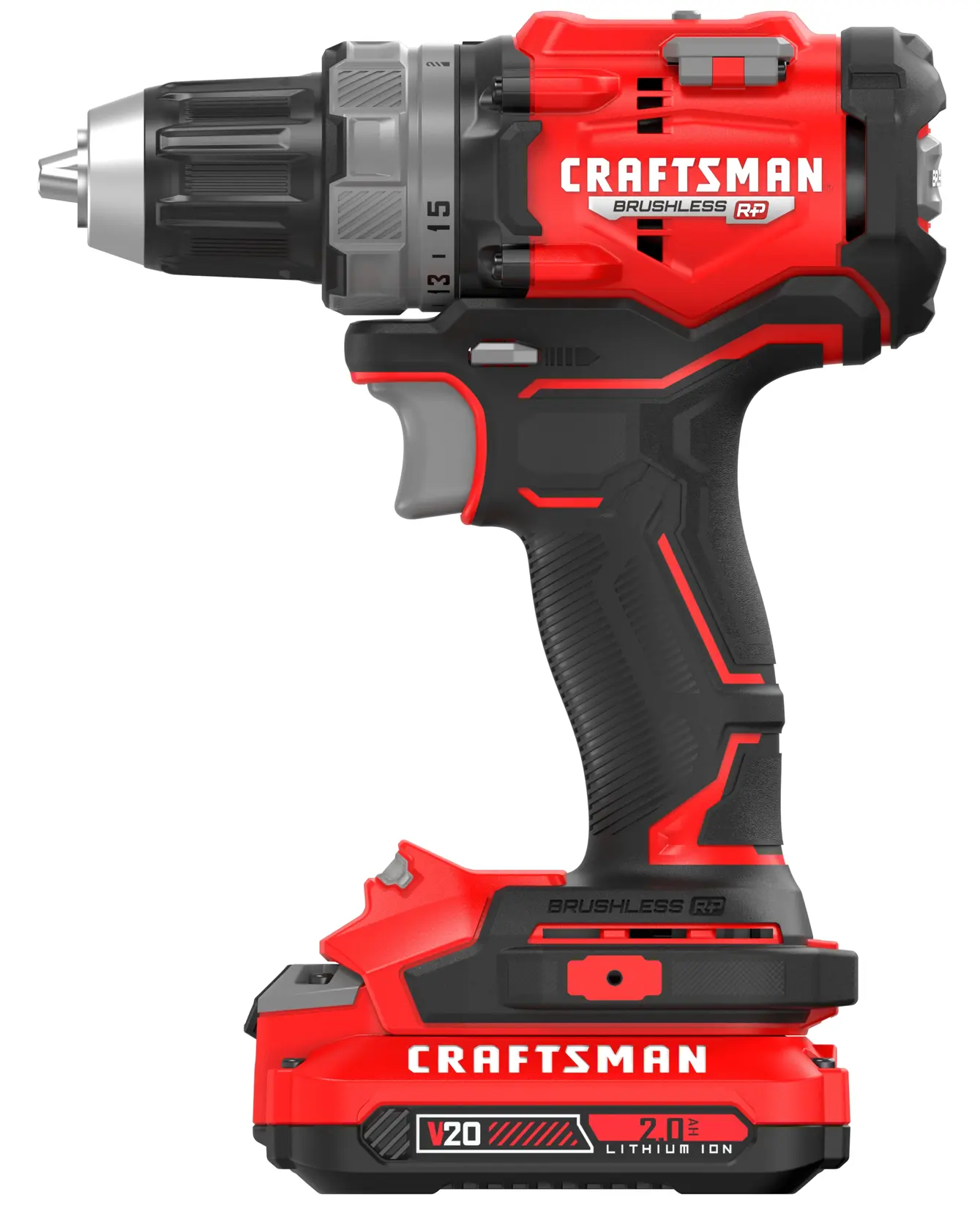 V20* Brushless RP Drill/Driver with a 2 amp hour battery on a white background
