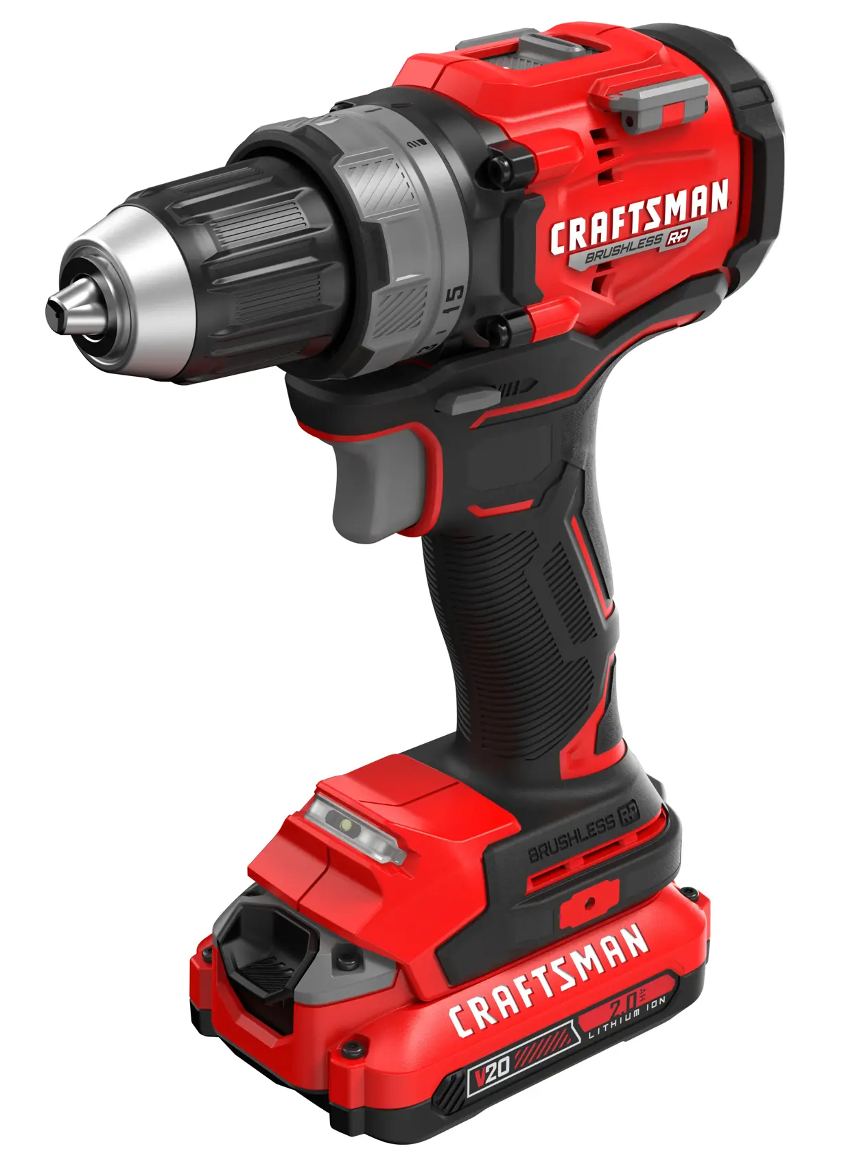 V20* Brushless RP Drill/Driver with a 2 amp hour battery on a white background