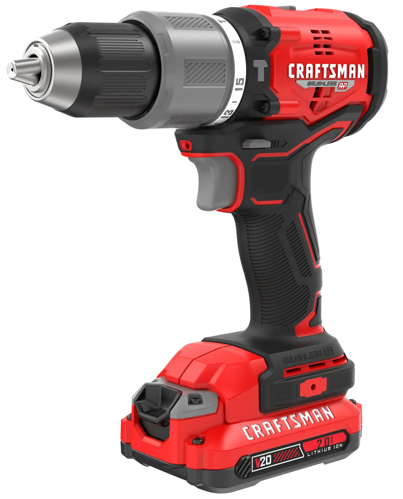 Photo of Craftsman cordless drill model CMCD732D2, red and black, front angled view, V20 lithium ion battery.