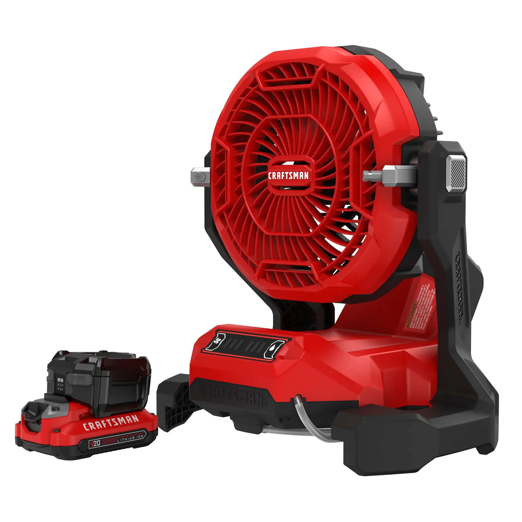 Photo of Craftsman cordless red and black fan with battery, model CMCE003C1, front angle on white background.
