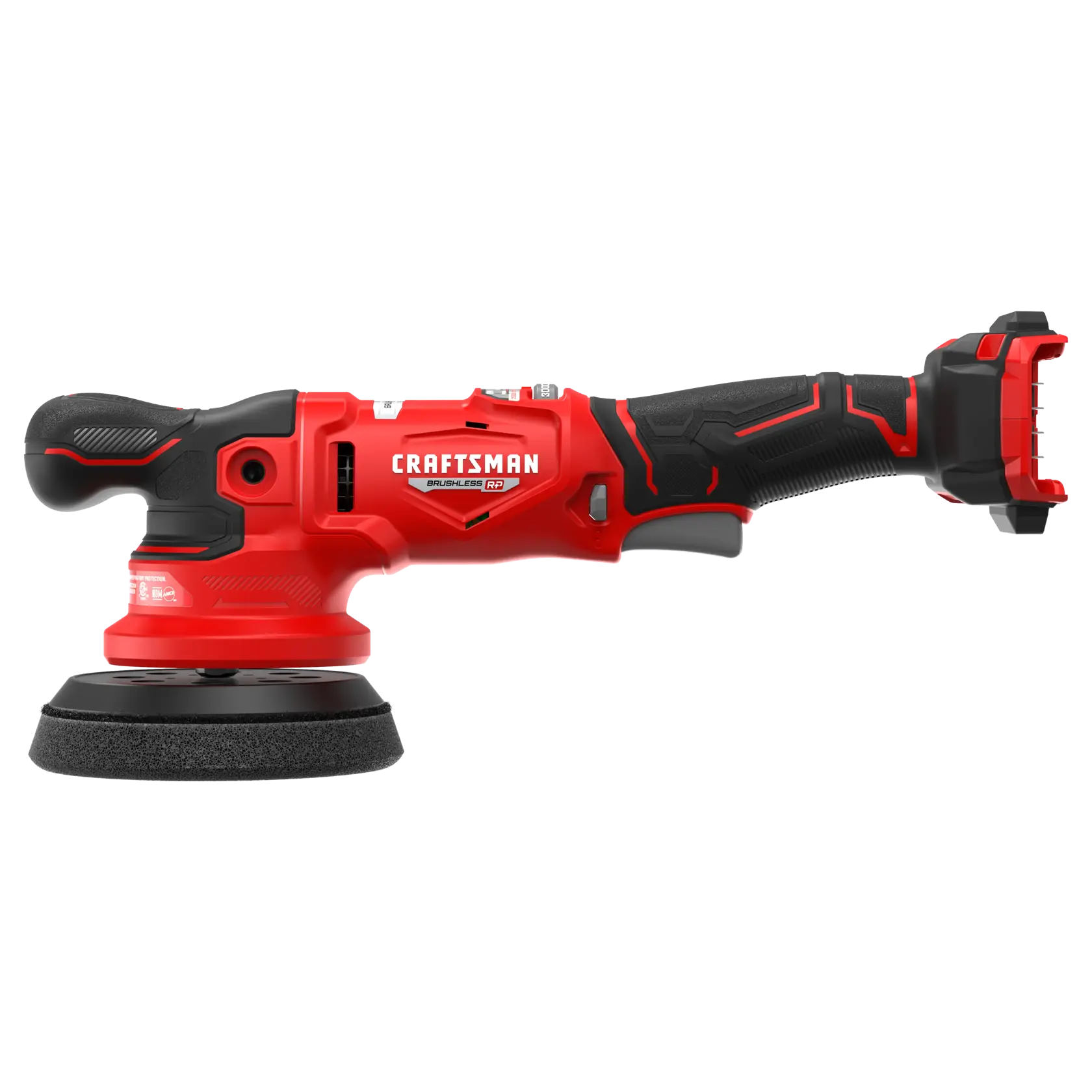 CRAFTSMAN BRUSHLESS RP™ V20* 5" Polisher Left Profile with polishing disc