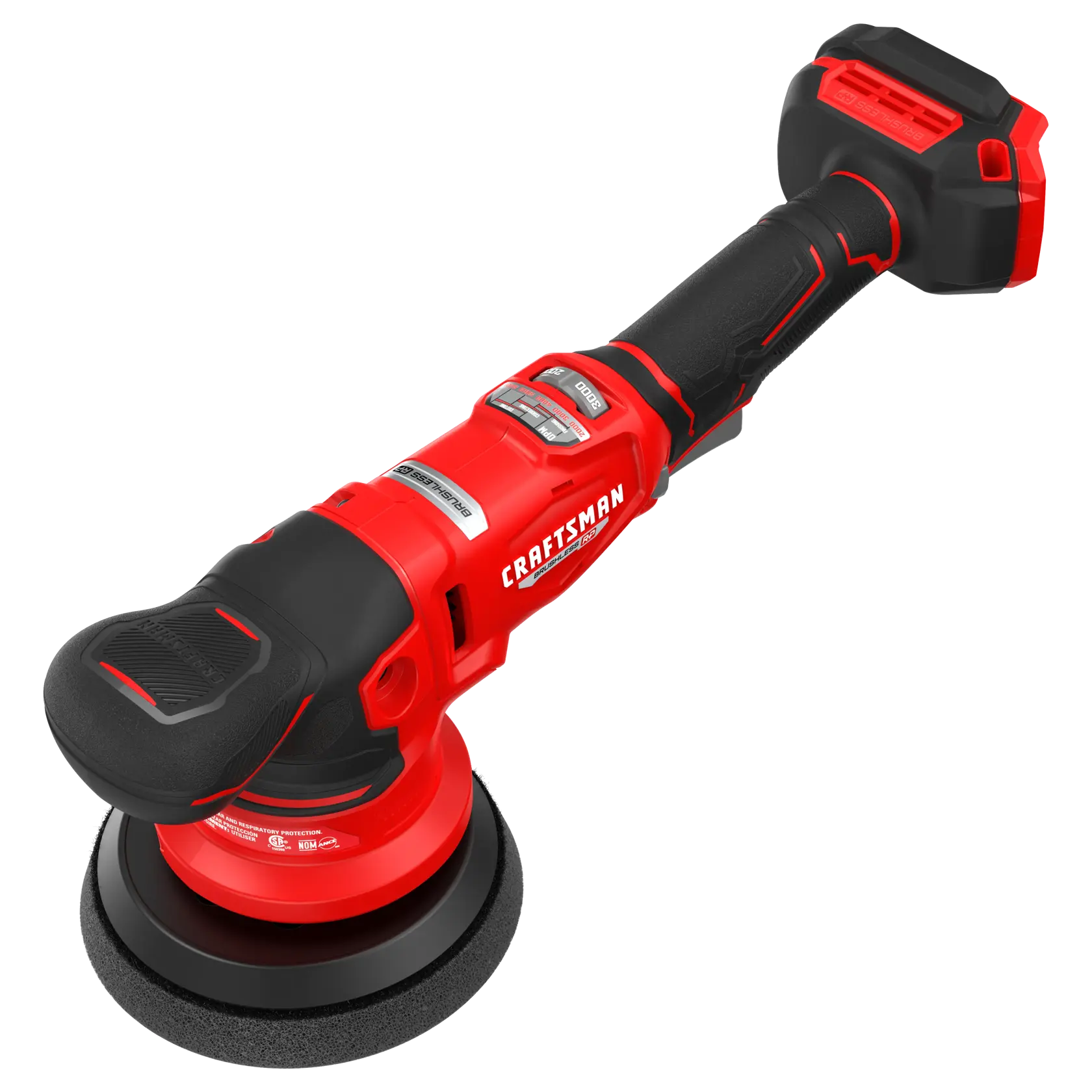 CRAFTSMAN BRUSHLESS RP™ V20* 5" Polisher Left Top Angle with polishing disc