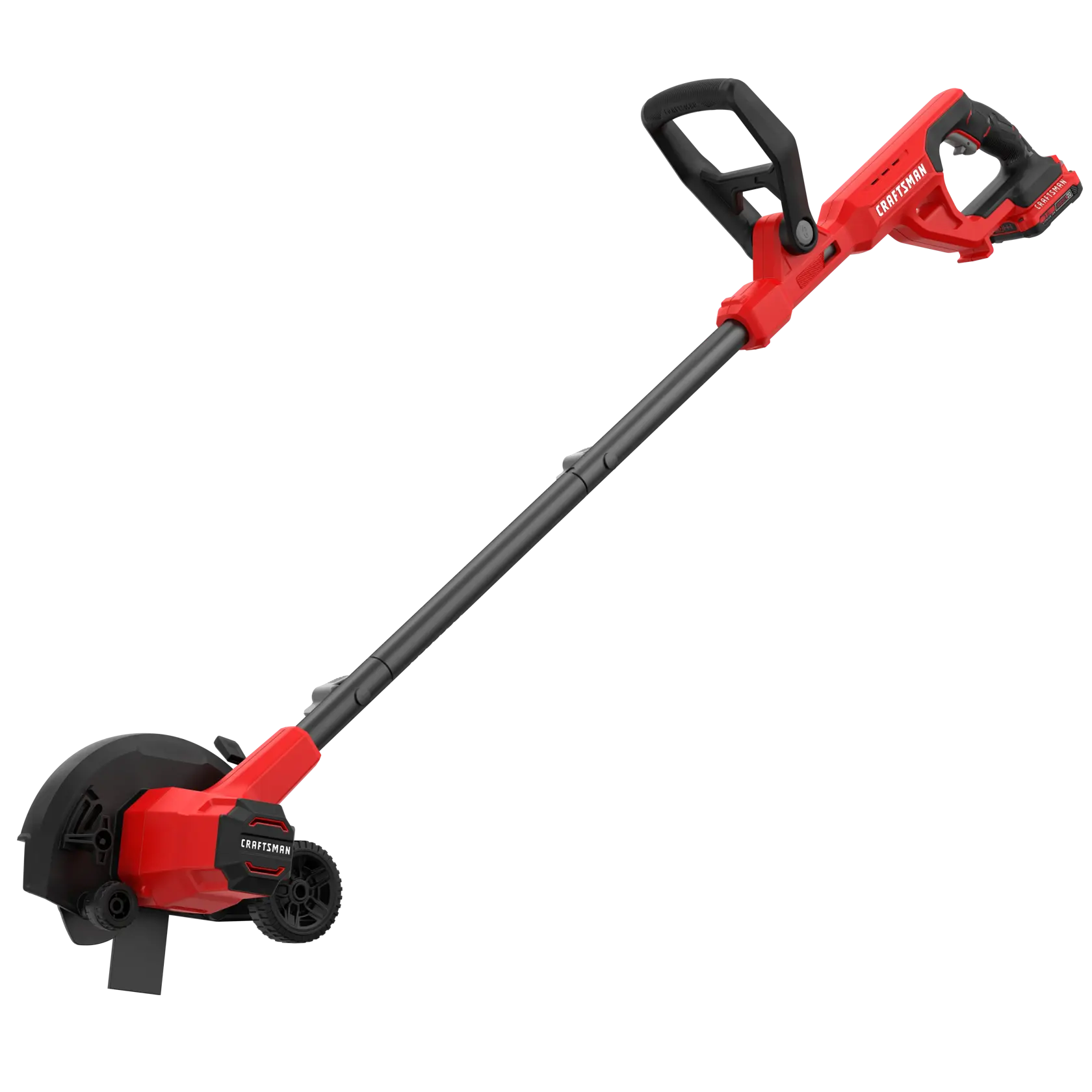 Photo of CRAFTSMAN cordless lawn edger, model CMCED400D1, red and black, side angle on white background.