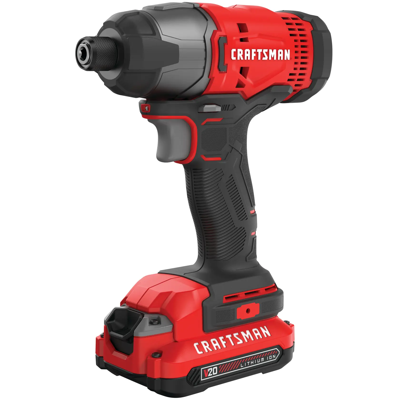 Craftsman V20 cordless impact driver CMCD800C1 white background beauty shot front left angle.