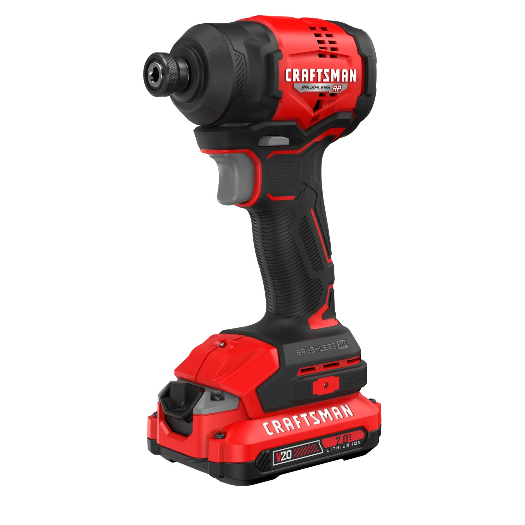 Photo of Craftsman cordless impact driver CMCF811D1, red and black, brushless motor, three-quarter front view on white.