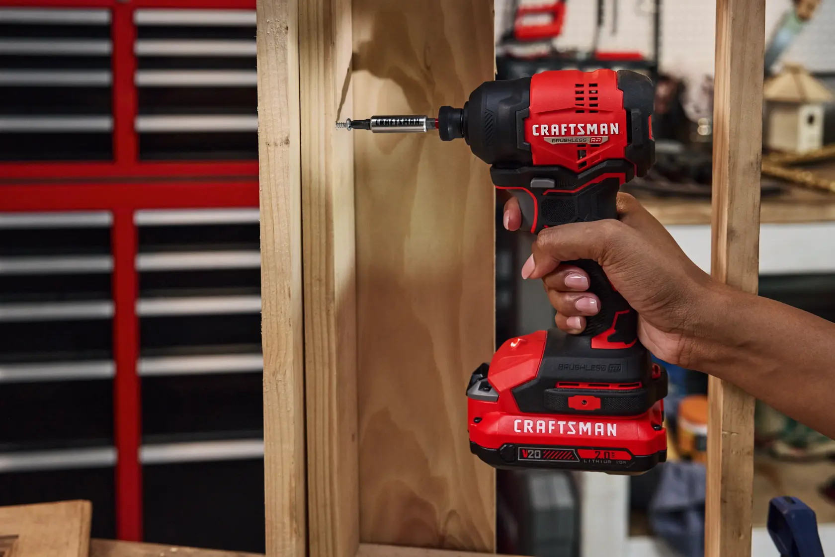 Additional Items Pictured Not Included. Close up LED light feature on the CRAFTSMAN® V20* BRUSHLESS RP™ Compact Impact Driver