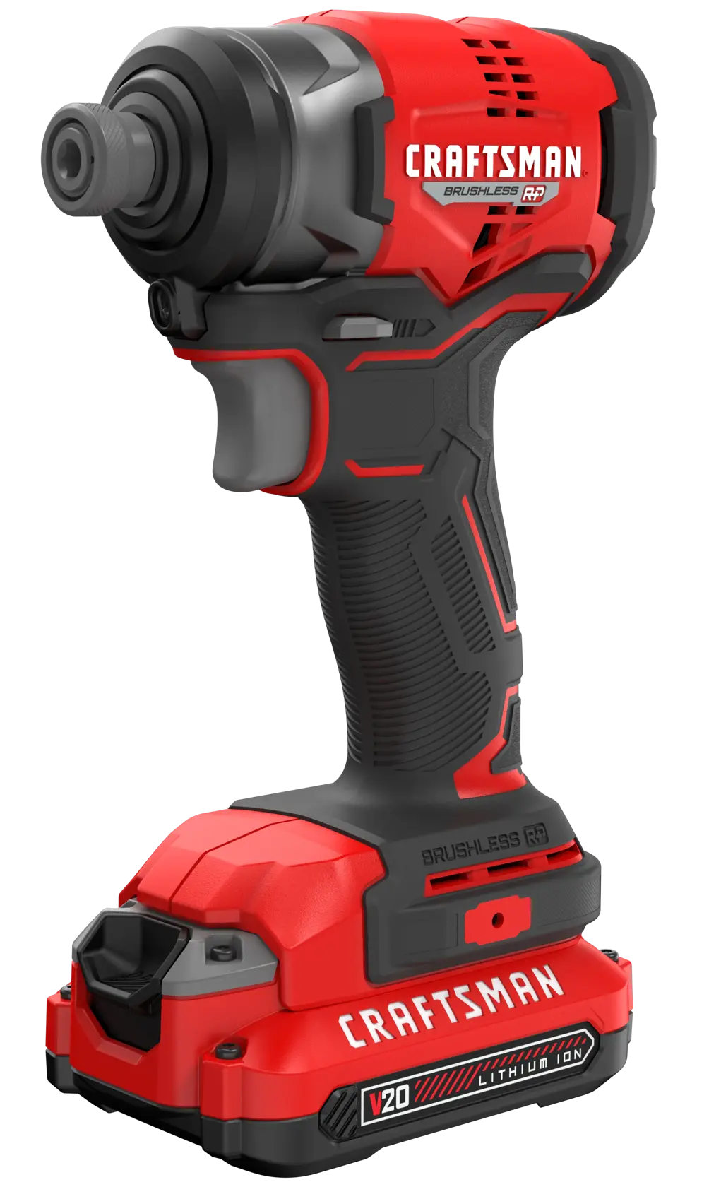 Photo of CRAFTSMAN V20 cordless impact driver, red and black, model CMCF813C1, front left angle.