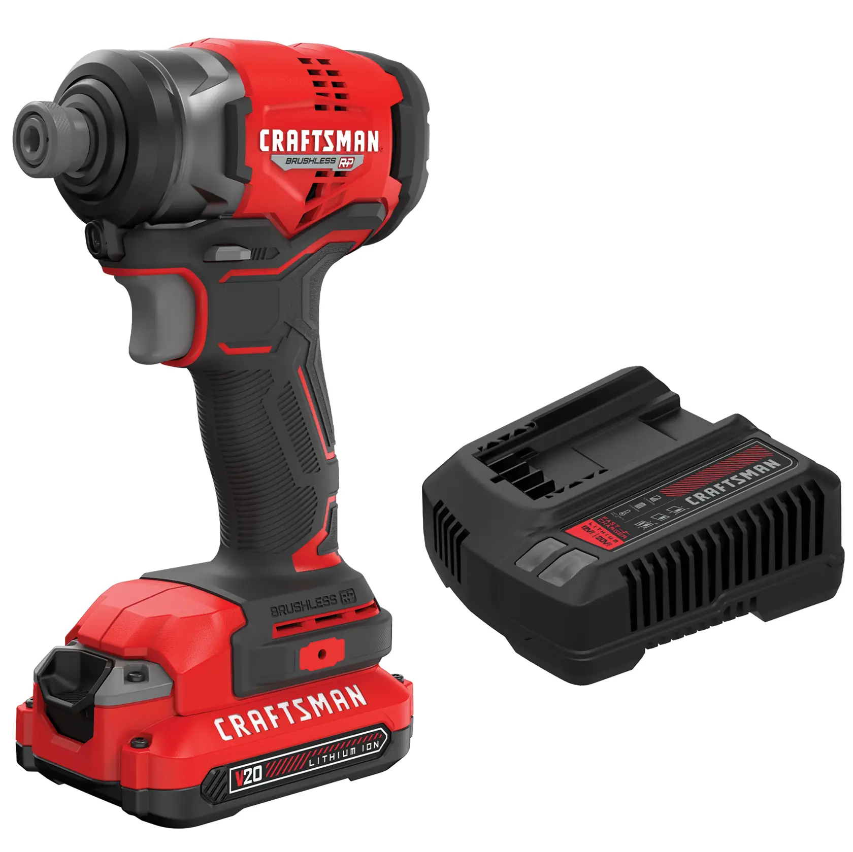 V20 BRUSHLESS RP Impact Driver with battery and charger on white background