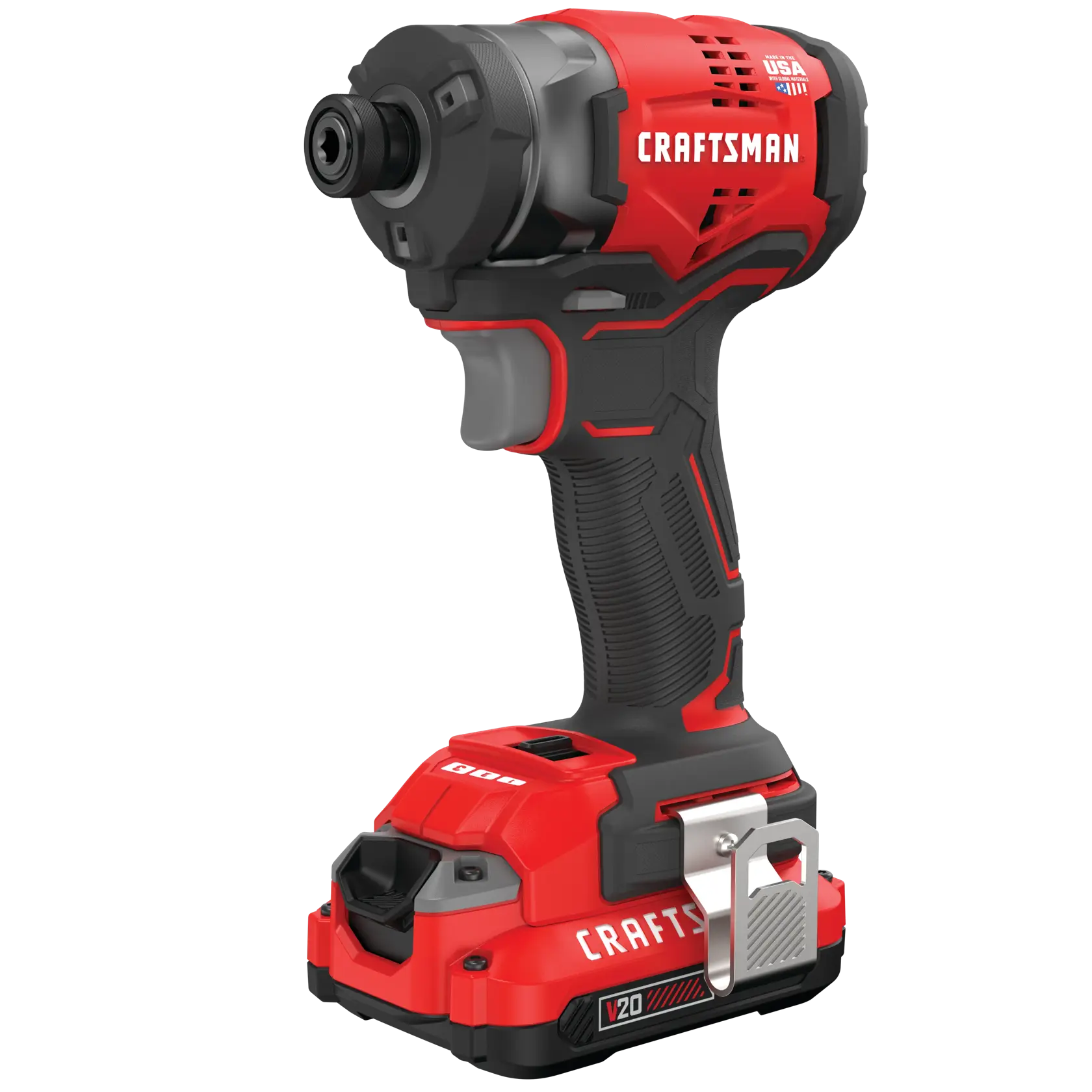 Photo of Craftsman CMCF820D2 cordless impact driver, red and black, angled view, on white background.