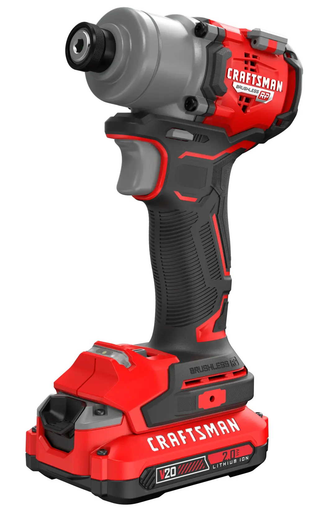 Photo of Craftsman CMCF830D2 cordless impact driver, red and black, V20 lithium ion, angled on white background.