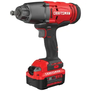 Photo of Craftsman cordless impact wrench, SKU CMCF900M1, red and black, V20 4.0Ah lithium ion battery, front angle, white background.