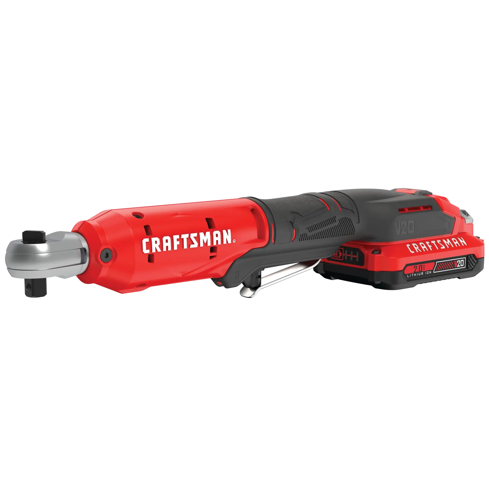 Photo of Craftsman cordless ratchet tool, SKU CMCF930D1, red and black, side angle on white background.