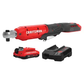 Photo of Craftsman V20 cordless ratchet kit CMCF930D1 with red and black tool, battery, and charger, front angle.