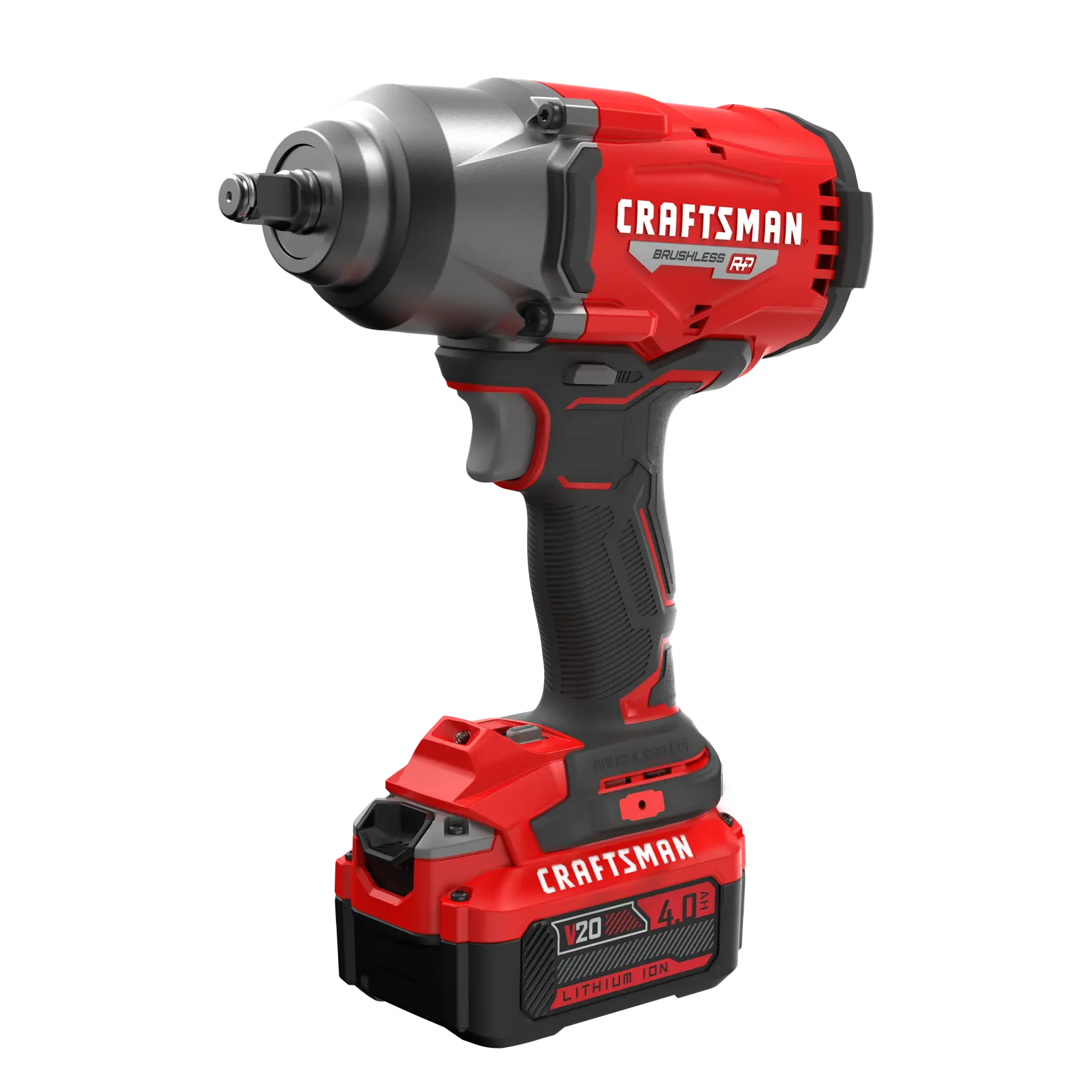 Photo of Craftsman V20 cordless impact wrench, SKU CMCF940M1, red and black, side angle, on white background.
