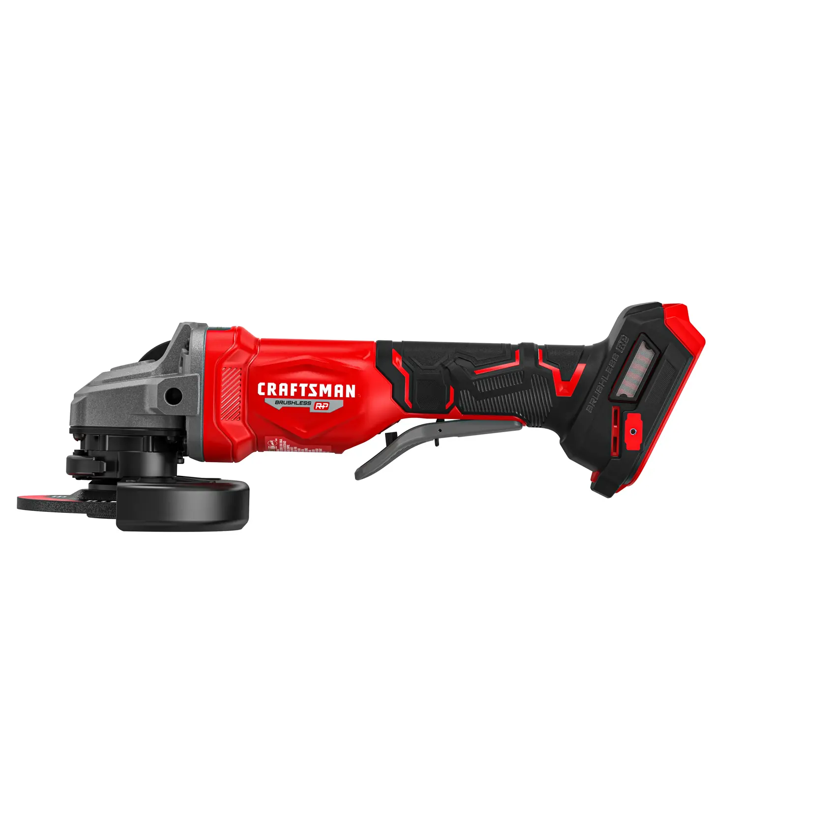 A red and black cordless angle grinder labeled 'Craftsman'. The tool is shown from the side, featuring a handle and a grinding wheel attachment.