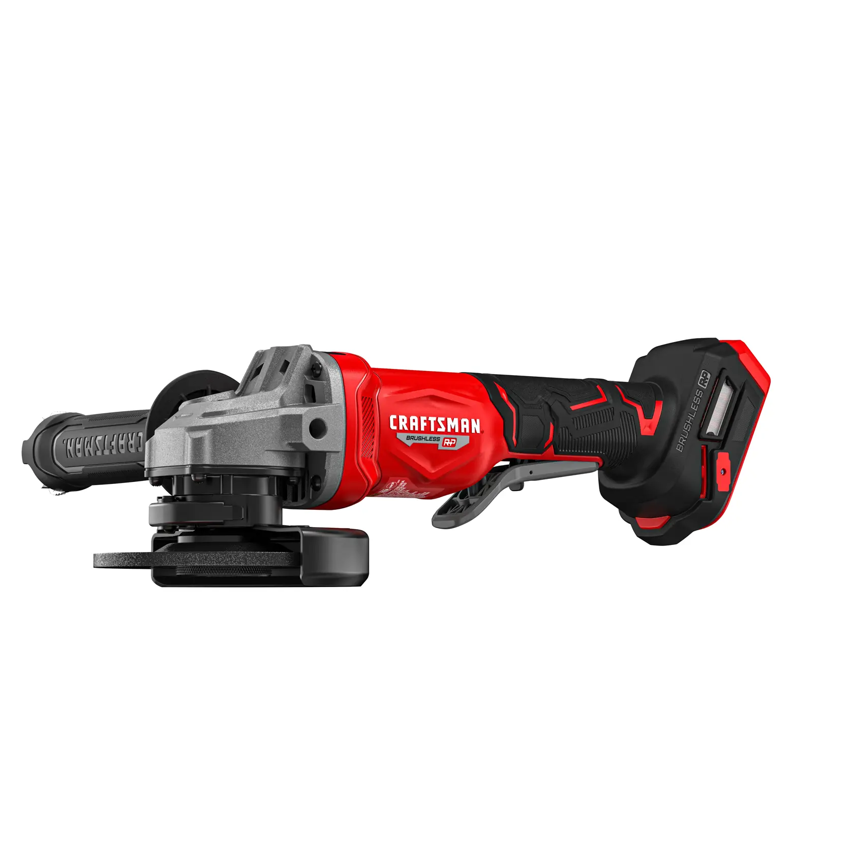 A Craftsman cordless angle grinder with a red and black design, featuring a side handle and battery compartment, displayed against a white background.
