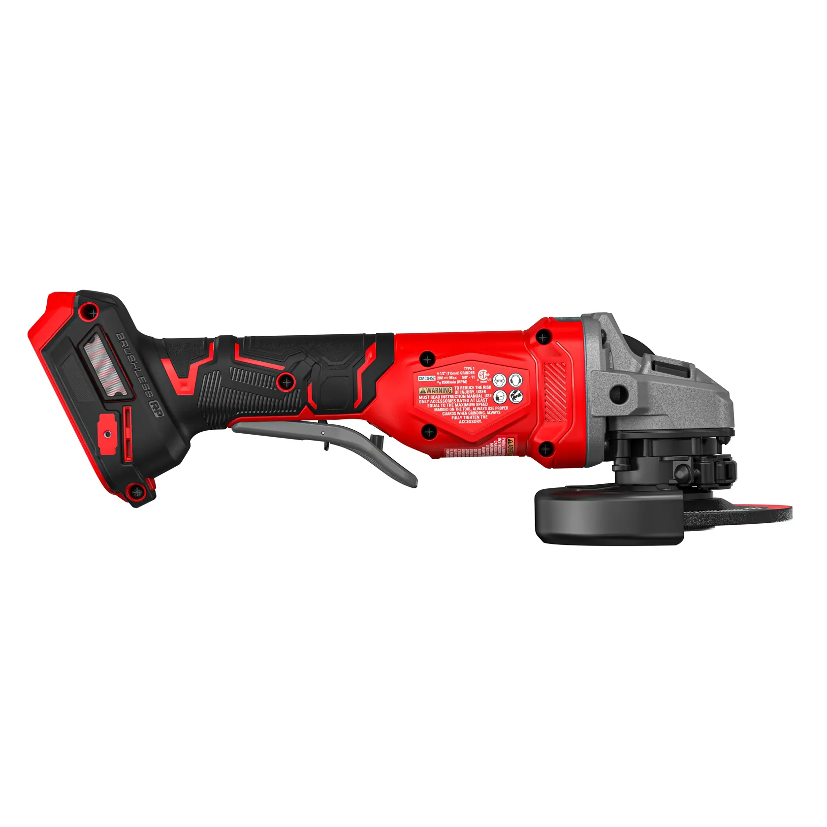 A red and black cordless angle grinder with a brushless motor. The tool is shown in a side view with visible trigger, handle, and grinding disc attachment.