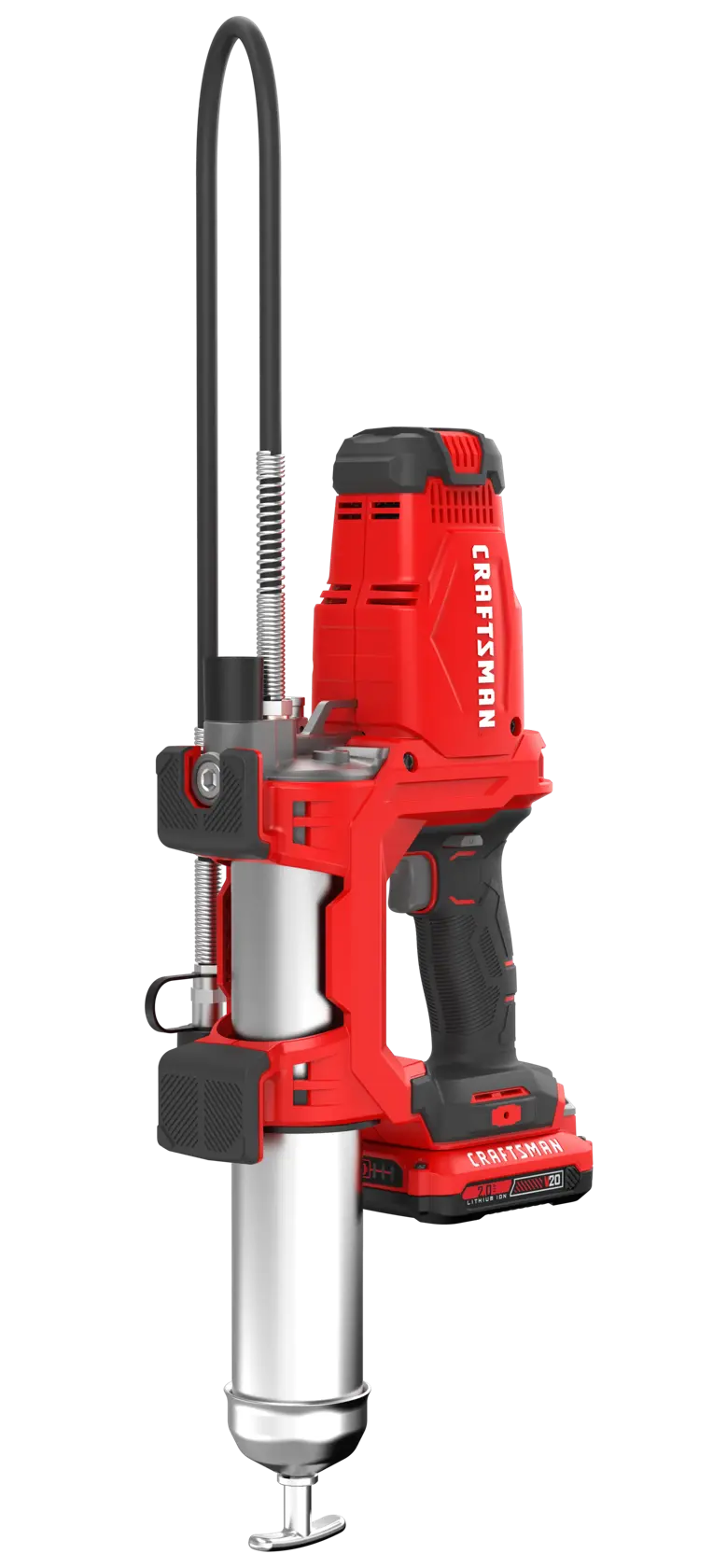 Craftsman cordless grease gun CMCGG001D1, red and black, side view on white background.